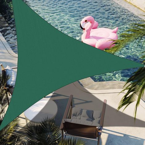 Vela de sombra triangular, 3 x 3 x 3 m, impermeable y resistente a los rayos UV, poliéster, para porche, patio, jardín, terraza y camping, verde oscuro. (1/5)
