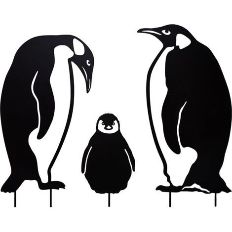 JSSEVN - Set of 3, Iron Art Penguins Family Garden, Creative Hollowed Metal Animal Grass Inserts (1/5)