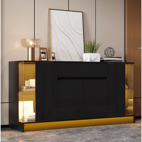 MODFU – Aparador 150x40x75 cm de aglomerado con 2 vitrinas de vidrio y LED por app, cajón y carga 60 kg – Negro brillante (1/5)
