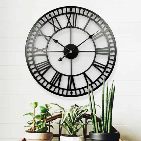 Wetterfeste Gartenuhr – Retro – Römische Ziffern – Vintage – Schlicht – Kunstvolles Eisen – Außenuhr – Batteriebetrieben – Geräuschlos – 40 cm (1/4)