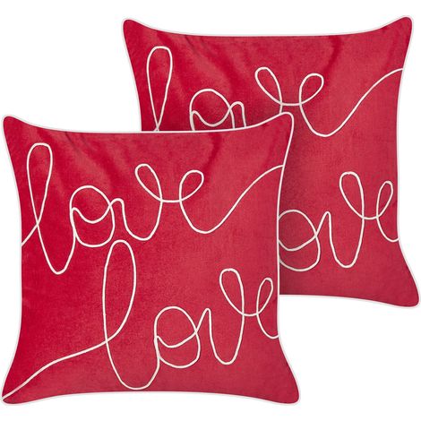 Dekokissen 2er Set SIDERASIS Samtstoff 45 x 45 cm Rot Mit Aufschrift (1/5)