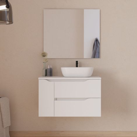 Meuble de salle de bain 80cm avec plateau, vasque à poser déportée à droite Zeus et miroir - 2 tiroirs et un placard - blanc - ZARZA