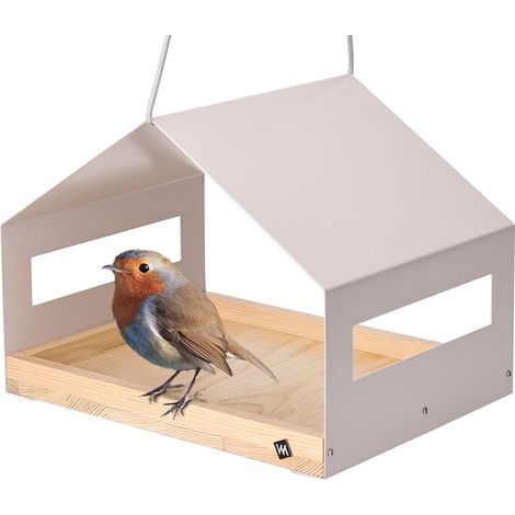 WONDERMAKE® Großes Design Vogelhaus aus Metall und Holz wetterfest zum Aufhängen, modernes Vogelfutterhaus XL Metalldach hängend, Vogelhäuschen Futterhaus für Vögel, Edelstahl Kiefer, grau-beige