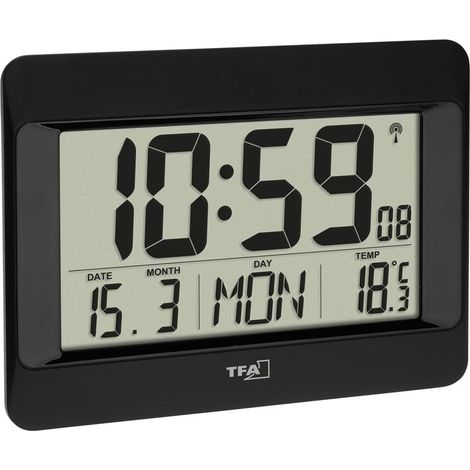 Horloge Murale numérique, 60.4519.01, avec température intérieure, Jour de la Semaine (réglable en français et 7 Autres Langues), Date, réglage du Fuseau horaire, Noir (1/5)