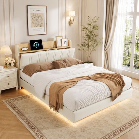 Lit capitonné 140×200 cm,tête de lit avec rangement,lit double,lumière LED et port USB,cadre de lit 140×200,effet flottant,style moderne,sommier à lattes,lit adulte,lit ados,PU,Beige (1/5)