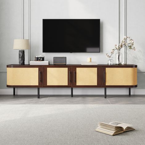 Meuble TV bas 180x40x45 cm, 4 portes effet rotin, rangement, poignées noires, pieds métal, MDF, effet bois noyer (1/5)