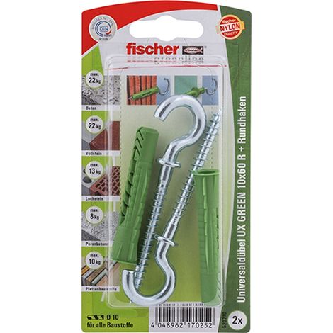 Fischer 2x tasselli universali UX GREEN 10 x 60 mm R RH con bordo e gancio a anello - 520710 (1/3)