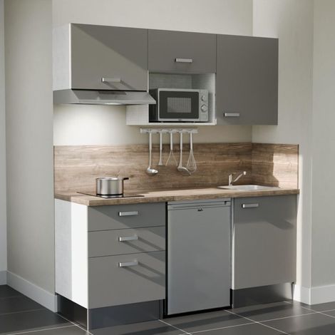 Kitchenette 180 cm K20 Gris - Plan de travail Bois - Crédence : Oui - avec plaque, hotte, micro-ondes et frigo Inox (1/5)