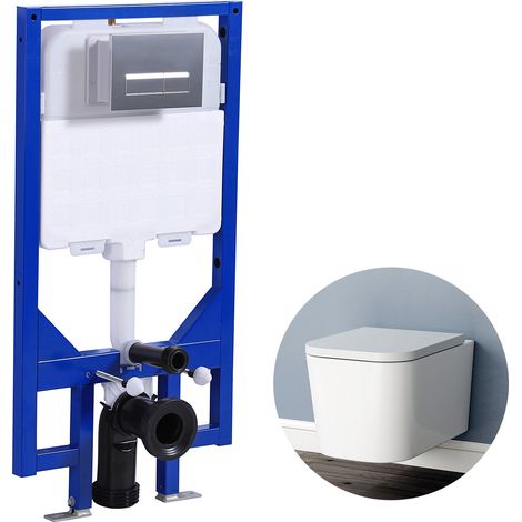 Wall Hung Toilet Rimless Square WC pan with 1.14M Concealed Cistern Frame UF Soft Close Seat (1/5)
