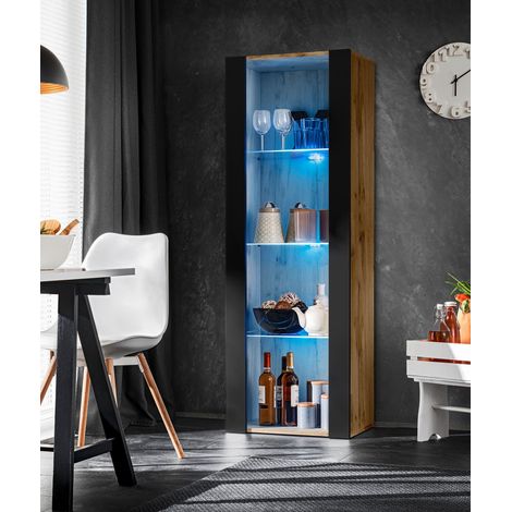 Vitrine armoire Tivoli Wotan/noir 55cm x 159cm x 35cm – 3 étagères en verre – Éclairage LED bleu – Pour salon, chambre, entrée