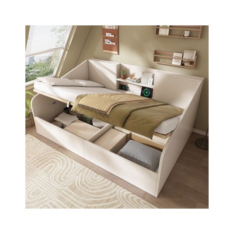 Canapé-lit coffre 140x190cm - avec USB/Type-C - avec 2 étagères - MDF + bois massif - blanc (matelas non inclus)