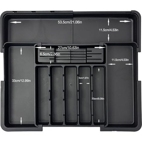 Organiseur à couverts de type tiroir avec tiroir coulissant, idéal pour la cuisine (noir). Comprend 9 compartiments, 2 porte-couteaux amovibles et une boîte de rangement compacte en plastique pour les (1/5)
