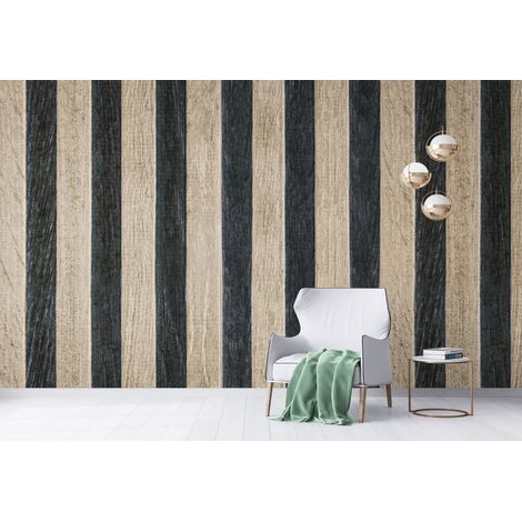Papier Peint Bois - Rayures Beiges et Noires - 150 x 250 cm (1/2)