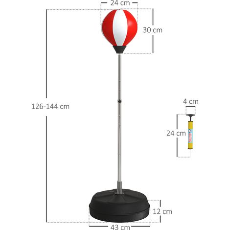 Ballon de frappe au sol réglable en hauteur (avec gant et base gonflable), 43 x 43 x 126-144 cm, rouge et blanc (1/5)