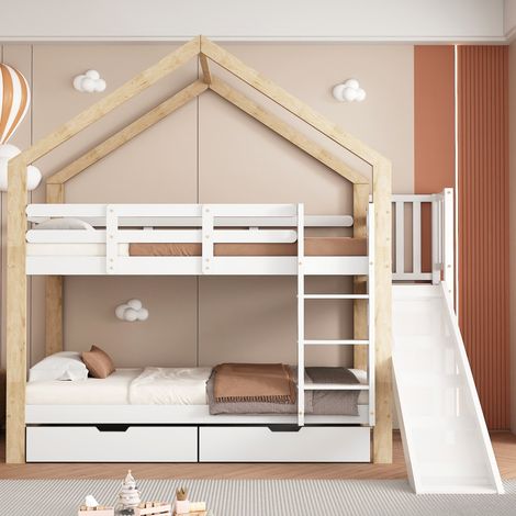 Lit superposé cabane 90x200 avec toboggan, échelle & barrière. Bois massif blanc+naturel. Enfant (sans Matelas) (1/5)