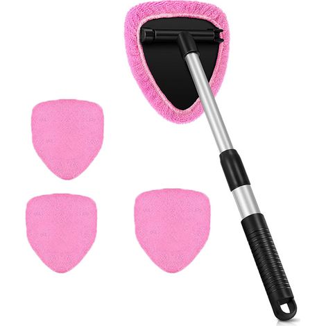 Brosse de nettoyage télescopique pentagonale pour vitres de voiture, 5 housses en microfibre rose, produit désembuant et nettoyant pour pare-brise.