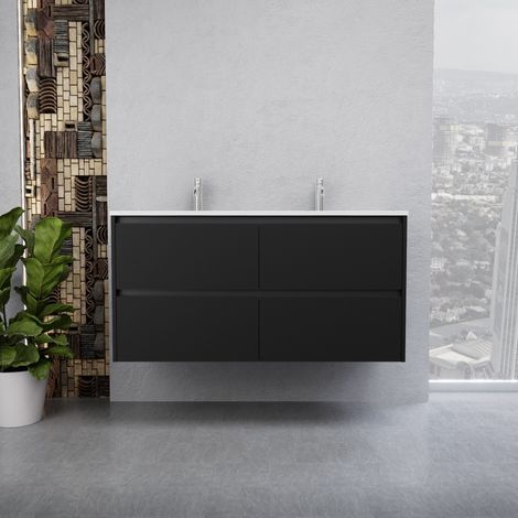 Inda - Badezimmerschrank 4 Schubladen B.120 mit Doppelwaschbecken Hochglanz/Mattschwarz - Smeraldo
