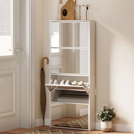 Zapatero Estrecho con Espejo y 4 Puertas Abatibles para 12  Pares de Zapatos 63x17x146 cm Blanco (1/5)