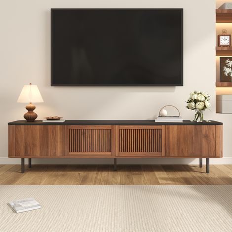 Mobile TV 190x35x45 cm noce in MDF e pannelli di particelle con ante a griglia e vani contenitori (1/5)