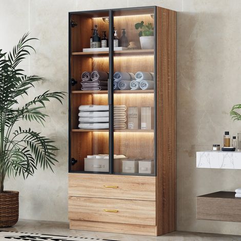 Mobile bagno alto 75 cm con fascia luminosa, 2 cassetti e 2 ante, marrone DESVIAE (1/5)