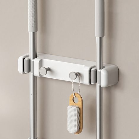 Porte-serpillière mural sans perçage, support pour balai avec crochet, rangement pour salle de bain et WC, lot de 1 pièces (1 pince + 1 crochet par unité) (1/2)