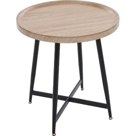 Table d’appoint ronde moderne minimaliste, petite table basse en bois style nordique avec structure métallique, pour salon et canapé