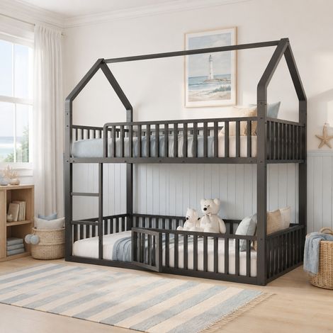 Cama litera (204x95x180.5 cm), con forma de casa, escalera frontal, barandillas de seguridad, metal negro (1/5)