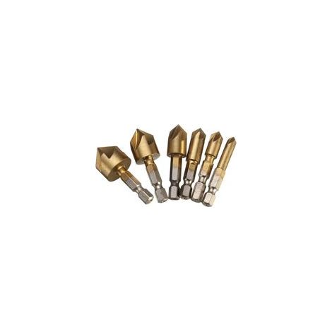 Lot de 6 fraises à chanfreiner HSS 90 degrés 5 cannelures fraise à chanfreiner trou fraise revêtue de titane 1/4" perceuse à bois tige hexagonale 6mm 8mm 9mm 12mm 16mm 19mm (1/5)