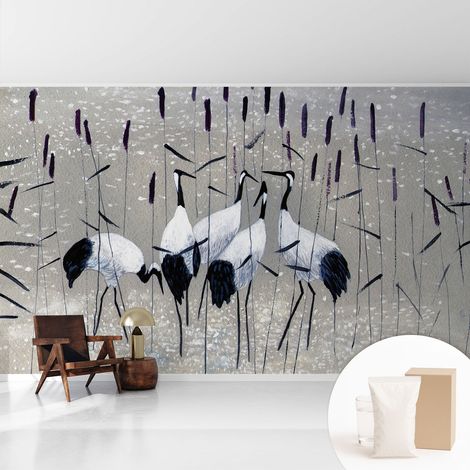 Papier peint intissé mural avec imprimé pour décoration pour salon pour chambre à coucher pour entrée Grues harmonieuses 416x254 cm (1/5)