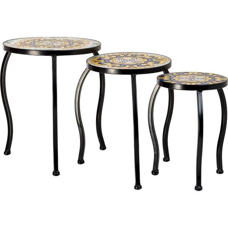 Soporte set 3 pzas de mosaico y forja amarillo 33x33x37h-28x28x33h-23x
