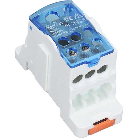 Anschlusskasten 125 A, 1x16 mm² 1x35 mm² Eingang, 6x16 mm² Ausgang, DIN-Schienen-Klemmenblock, 1000 V AC/DC
