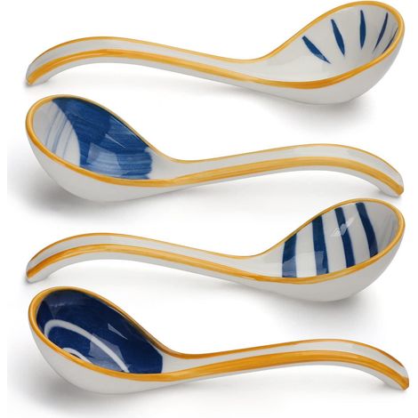 Ensemble de 4 cuillères à soupe en céramique, style japonais, en porcelaine. Cuillères à soupe asiatiques à long manche, idéales pour les nouilles, le pho, les ramen, les wontons et le riz. (1/5)