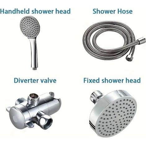 (Pommeau de douche chromé - 10 cm) Ensemble de douche complet avec pommeau de douche à jet large et douchette à main, flexible de douche long, distributeur d'eau à trois voies, accessoires de salle de (1/5)