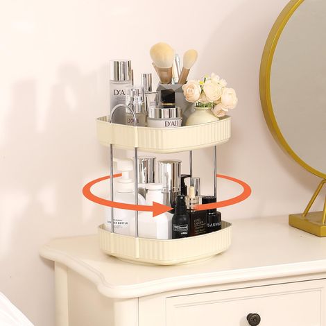 Tourne-disque 360° pour maquillage, organiseur de cosmétiques élégant pour commode chambre ou comptoir salle de bain, rangement soin visage, porte-parfum, 2 niveaux blanc (1/5)