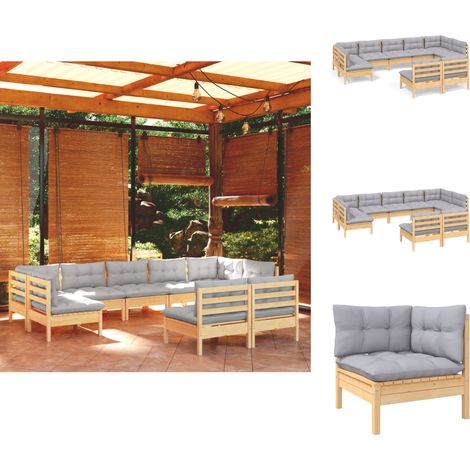 Gartenmöbel-Sets - Living 9-tlg. Garten-Lounge-Set mit Grauen Kissen Kiefer Massivholz (1/5)