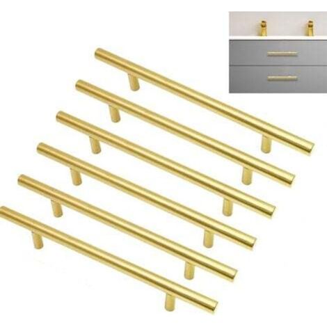 Un ensemble de 6 poignées de meuble plaquées or, entraxe de 128 mm, poignées de tiroir en acier inoxydable, adaptées aux meubles de chambre et de cuisine, longueur 200 mm. (1/4)