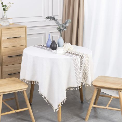 Nappe carrée imperméable 140x140 cm, en coton et lin, avec pompons, élégante, idéale pour la décoration de table de cuisine. (1/5)