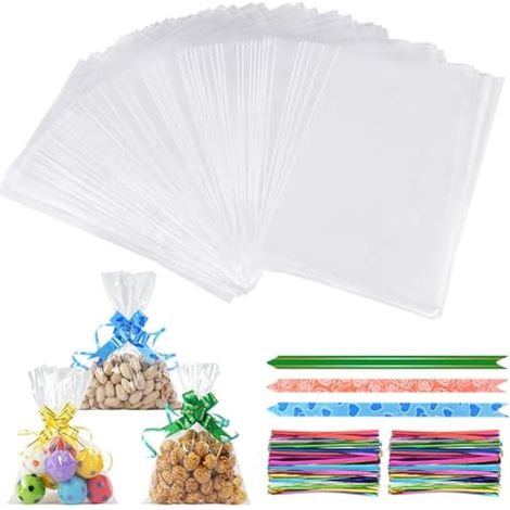 100 sachets cellophane (14 x 20 cm), sacs à cookies alimentaires avec 100 nœuds colorés et 100 attaches, transparents pour emballer biscuits, bonbons, cadeaux – idéal pour Noël, anniversaires. (1/4)