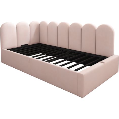 Cama diván infantil 90x190 cm de terciopelo rosa con almacenaje hidráulico y marco metálico (1/5)