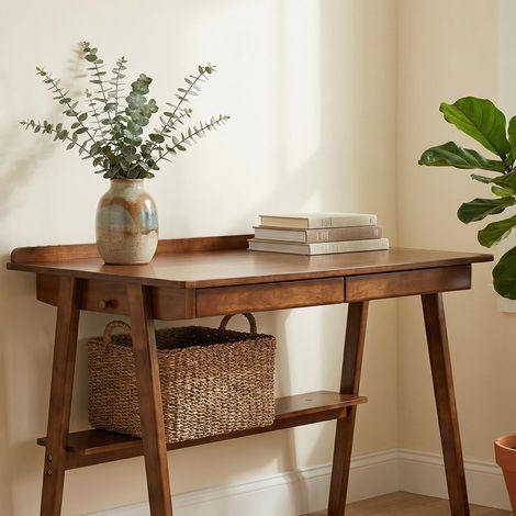 Bureau en bois 120x60 cm avec 2 tiroirs, étagère de rangement et crochets latéraux, noyer (1/5)