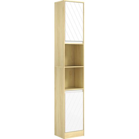 Meuble colonne de rangement salle de bain cosy 30x24x170 cm, 2 portes, étagère et 2 niches, chêne clair et blanc. (1/5)