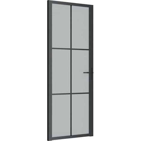 Porte intérieure, mesurant 76 x 201,5 cm, en verre dépoli noir et alliage d'aluminium.