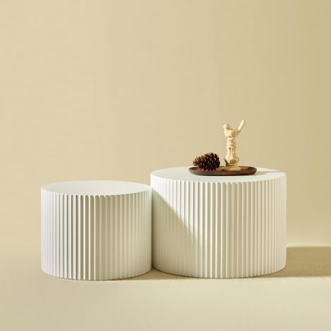 Ensemble de 2 tables basses gigognes rondes (Texture gaufrée) — Duo de tables résistant à l'eau et à la déformation (Ø60x40 + Ø48x35 cm) — Polyvalent et peu encombrant — Aucun assemblage requis — Tabl (1/5)
