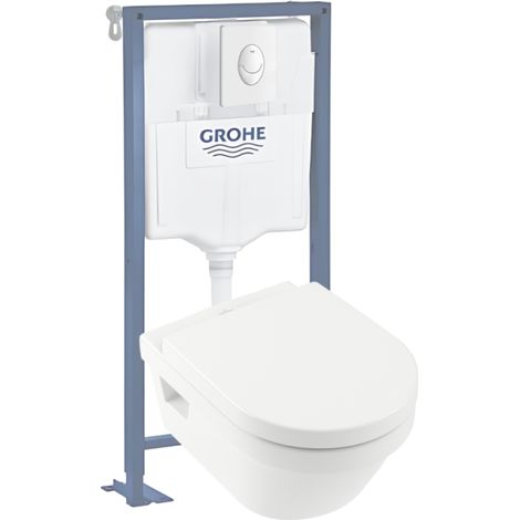 VILLEROY ET BOCH Architectura Inodoro suspendido sin reborde con descarga directa y asiento amortiguado + estructura de soporte GROHE Solido + placa blanca