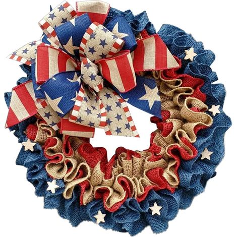 Guirlande Patriote - Couronne Décorative en Maille et Ruban Étoilé Rouge Blanc Bleu - 40 cm - Pour Porte Intérieure Extérieure - Fête de l'Indépendance États-Unis - Lot de 1 (1/5)