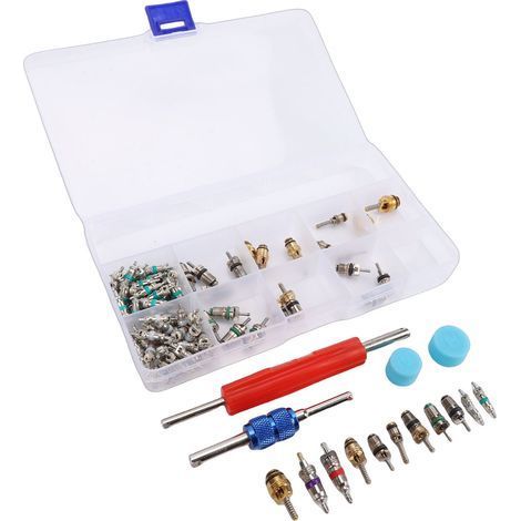 Kit d'accessoires de noyau de Valve de climatisation de voiture, 104 pièces, R134a R12, ensemble avec outil de démontage, capuchon anti-poussière pour automobiles, vélos, camions (1/5)