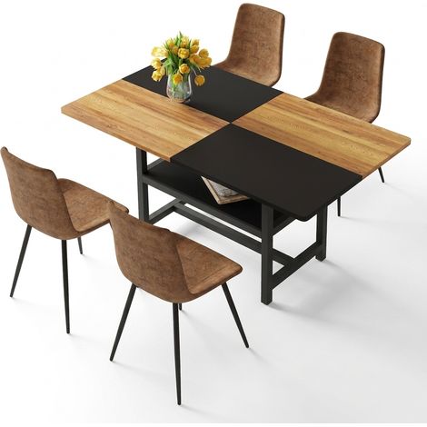 Ensemble table ronde et deux chaises, plateau MDF effet noyer 60 cm, sièges blancs rembourrés et structures métalliques dorées (1/5)