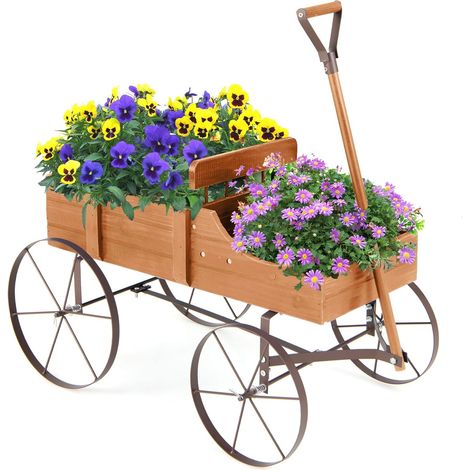 Brouette Décorative en Bois avec 2 Compartiments à Planter, Jardinière avec Roues Métalliques et Poignée à l'avant Charge 15kg (Orange) (1/5)