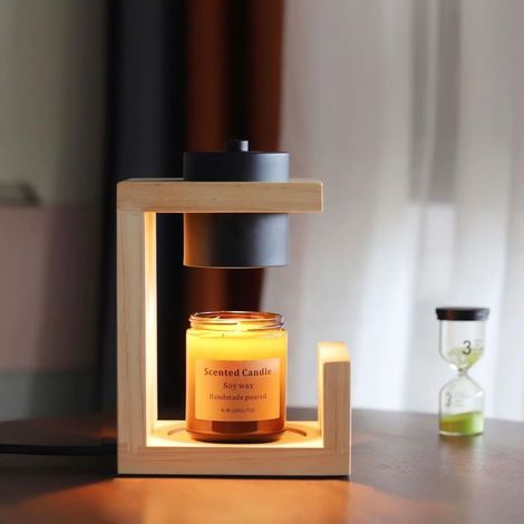 Lampe Chauffe-Bougie, Bois Naturel et Noir, avec Variateur d'Intensité et minuteur, Design Moderne pour Intérieur, Diffuseur de Parfum Sans Flamme [Classe énergétique A]