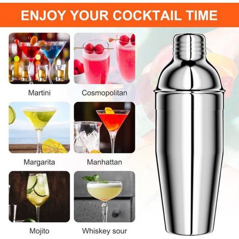 750ML shaker cocktail, 10 Pièces Inox shaker vinaigrette avec support bois, professionnel kit pour barman, avec crépine, (Argent) (1/4)